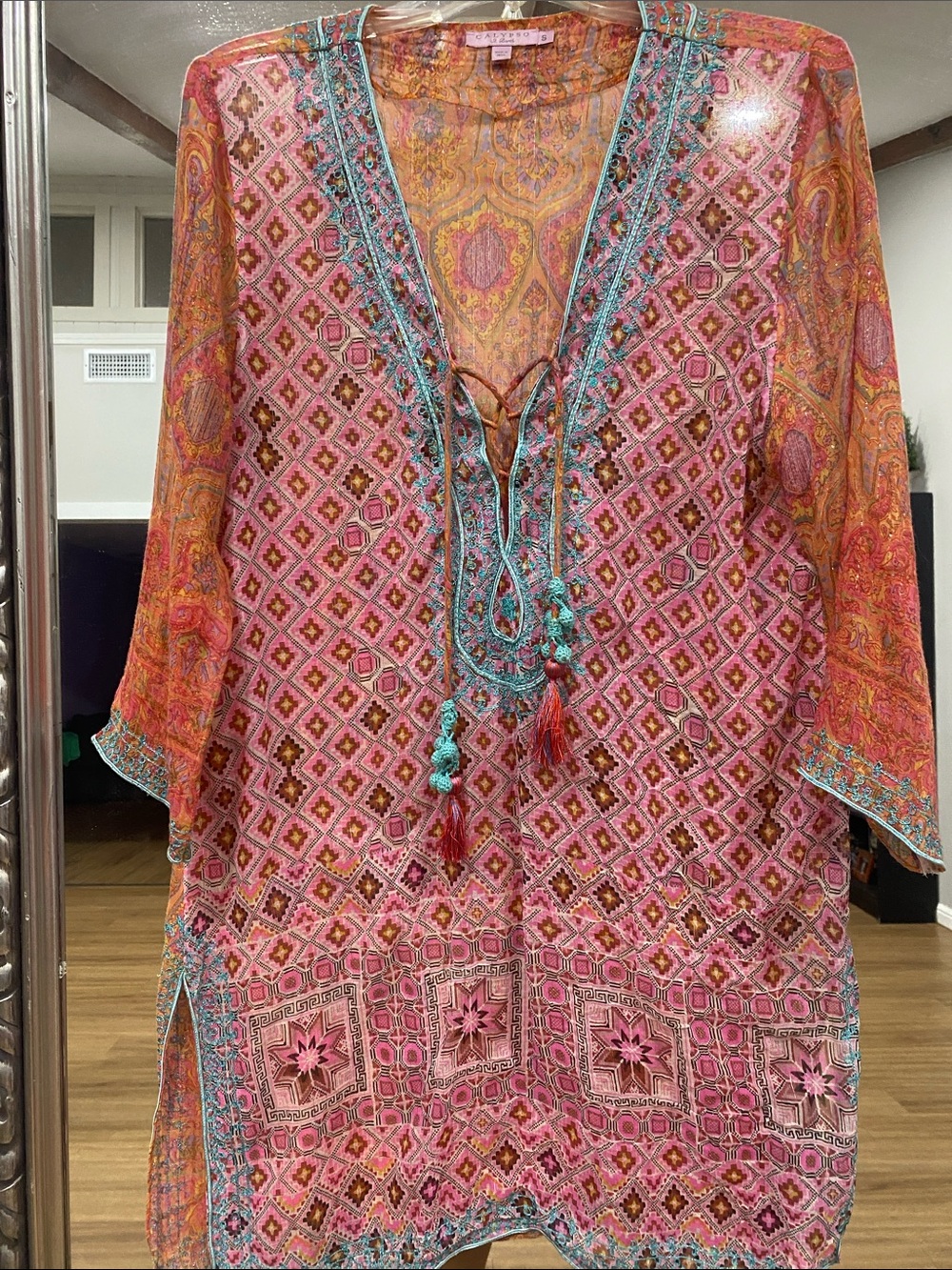 Calypso St. Barth Vibrant Pink Orange Paisley Tunic with Turquoise Accents